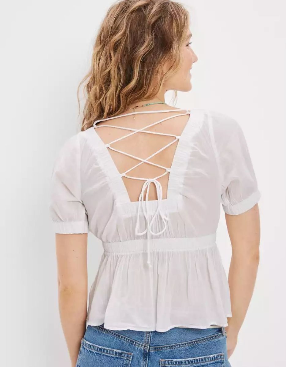 Chemises American Eagle AE Open-Back Babydoll Blouse Blanche Femme | DIO-03825533